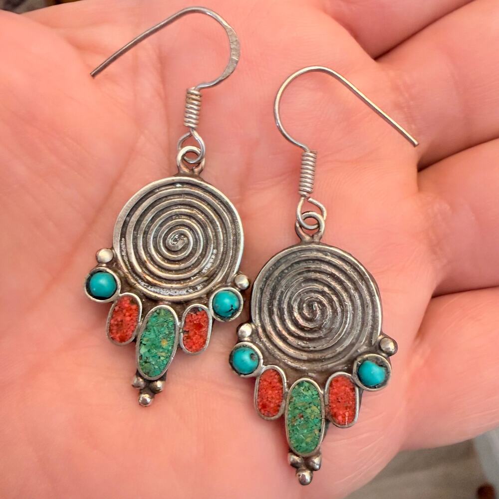 Handmade Tibetan Spiral Dangle Earrings Silver Tone Multicolor Inlay 2”